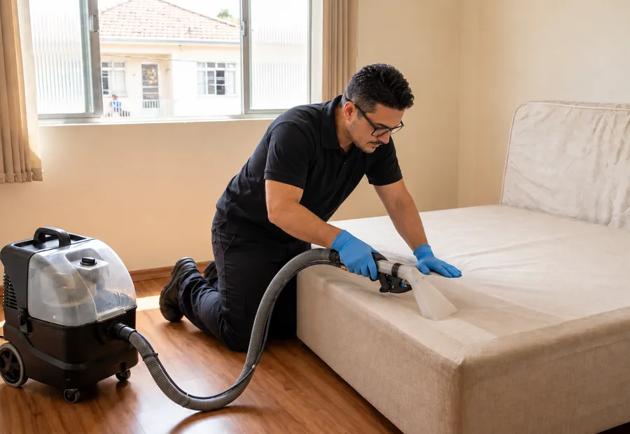 Técnico da Lava Tudo VIP limpando box de uma cama de casal