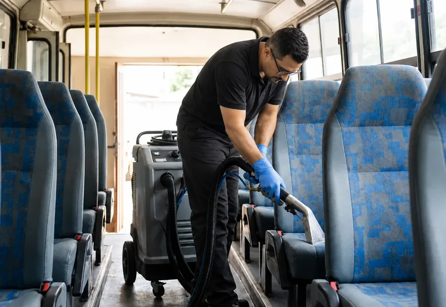 Técnico da Lava Tudo VIP limpando bancos de um ônibus