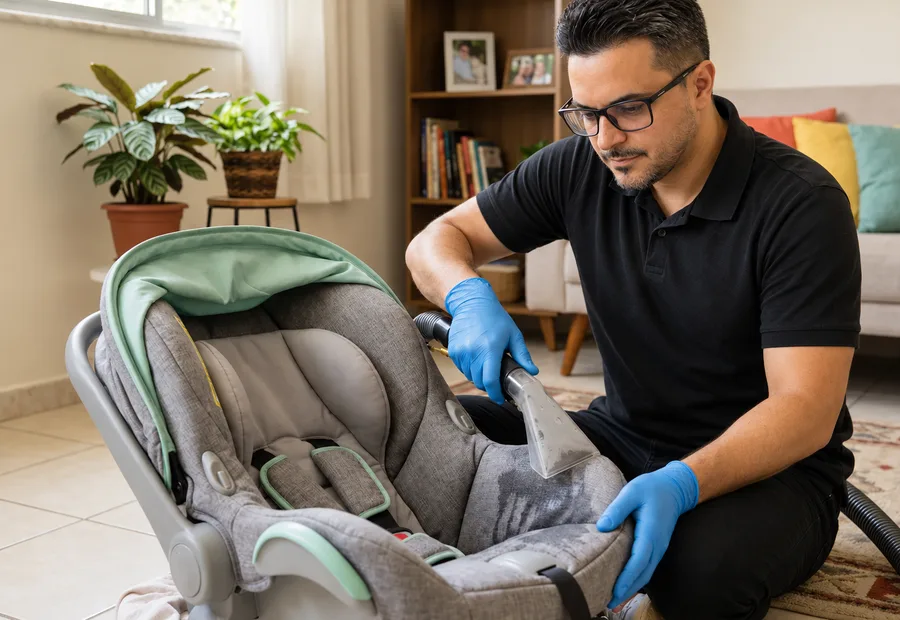 Técnico da Lava Tudo VIP limpando carrinho de bebê com bebê conforto