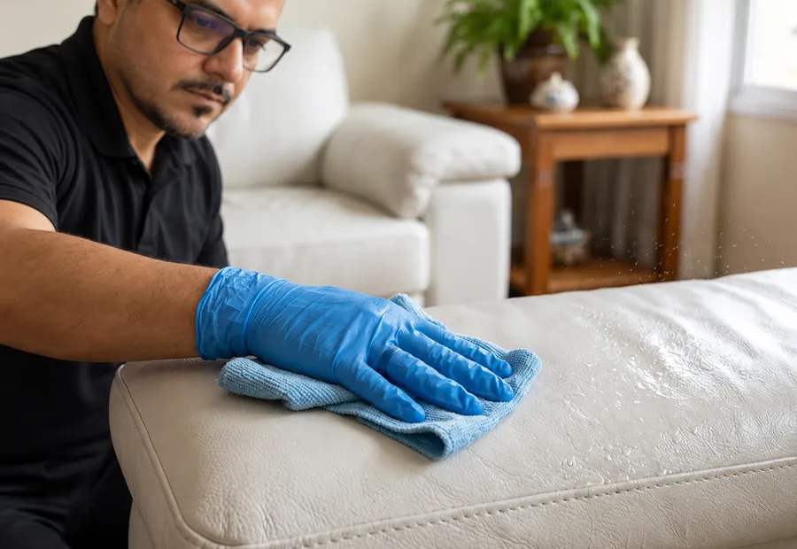 Técnico da Lava Tudo VIP limpando sofá de couro claro com pano de microfibra